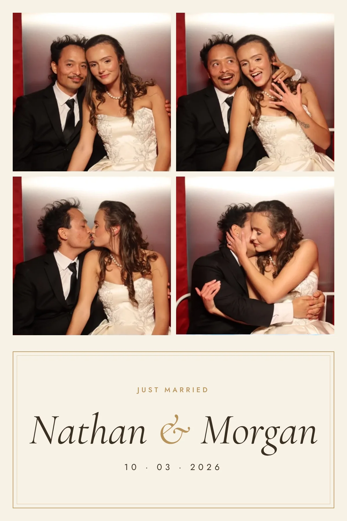 Sample 4×6 print: four photos in a grid above a cream and gold Just married panel