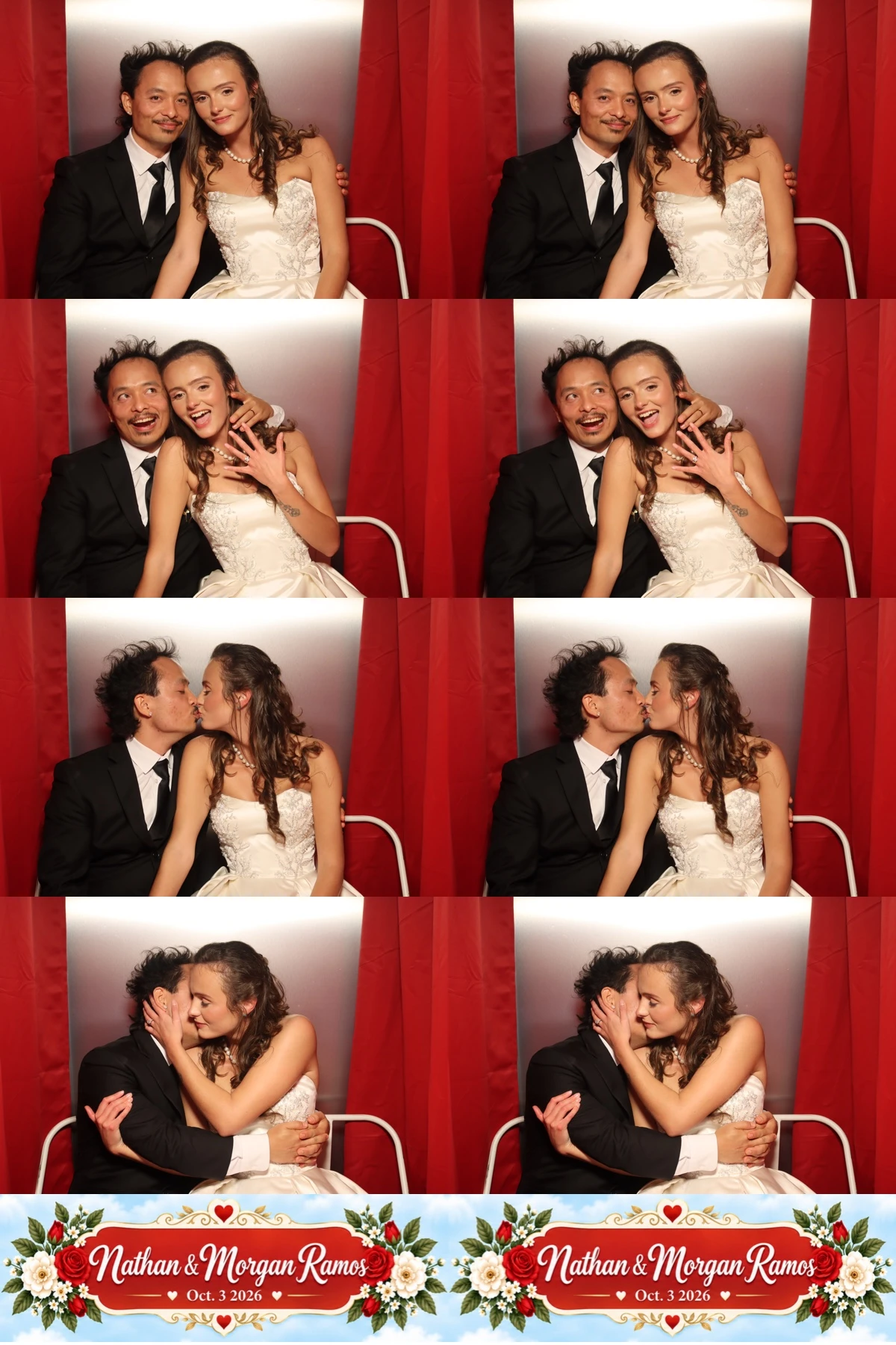 Real sample of paired four-photo wedding strips with a custom names and date footer