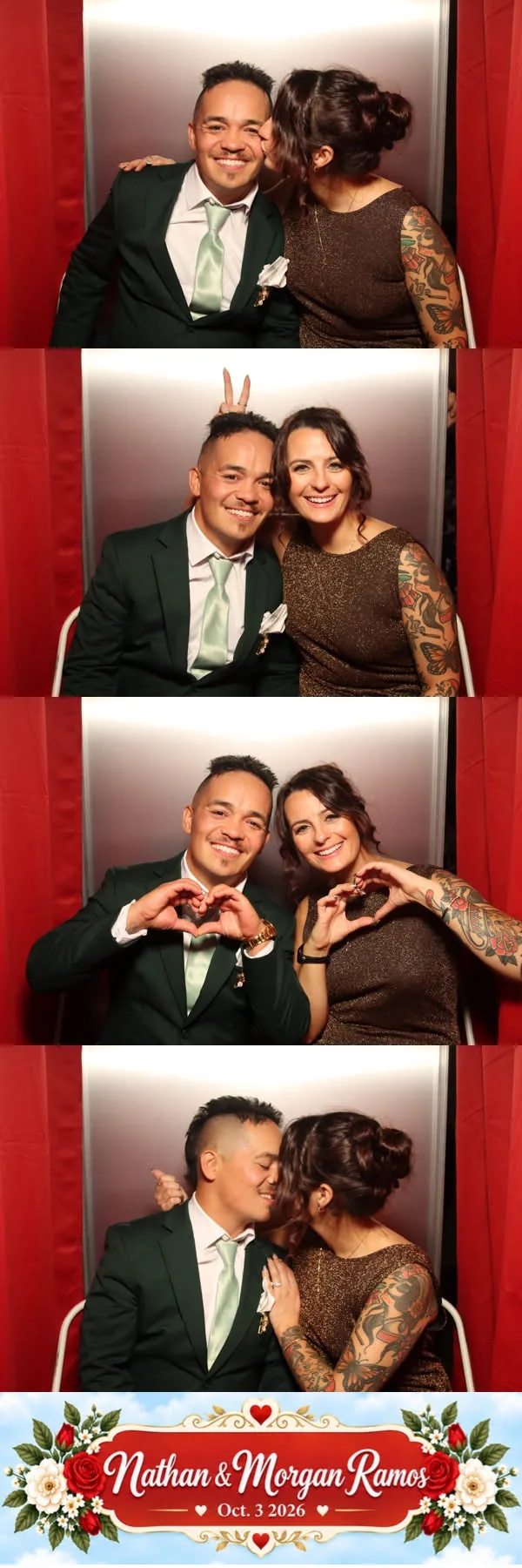 Nathan and Morgan posing for four photos in the booth, displayed with a Mo’s Moments footer
