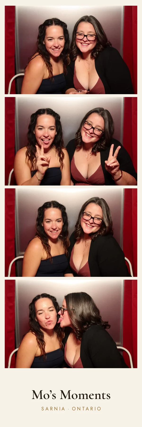 Two guests posing for four photos in the booth