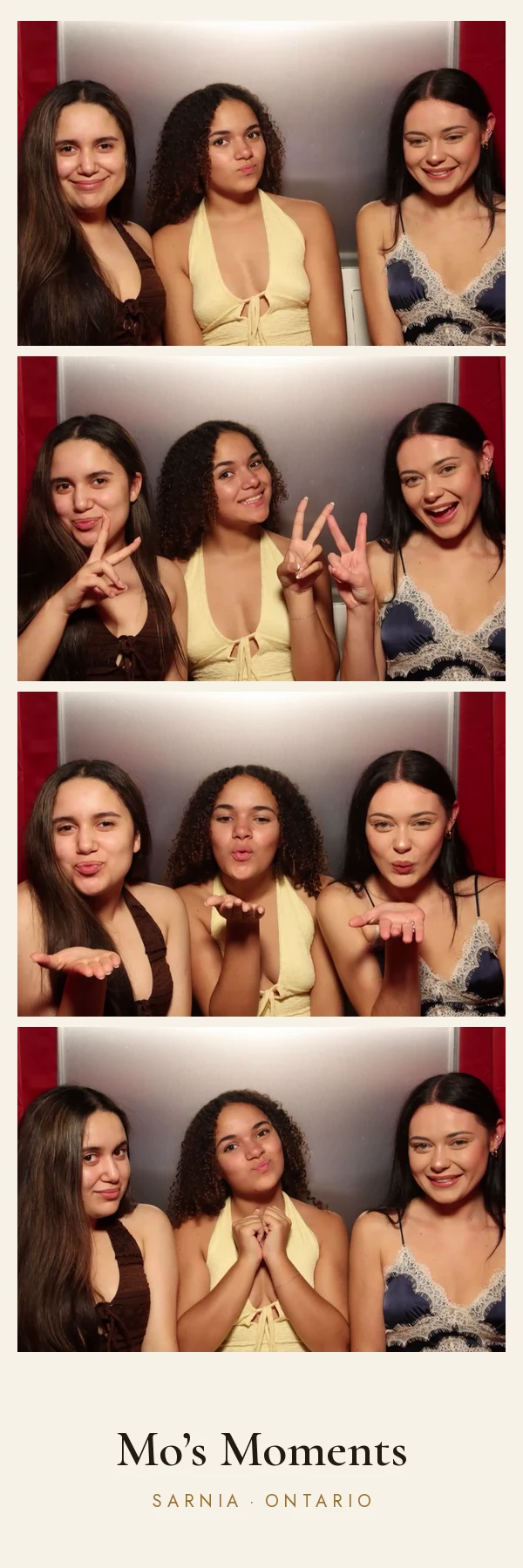 Three guests posing for four photos in the booth