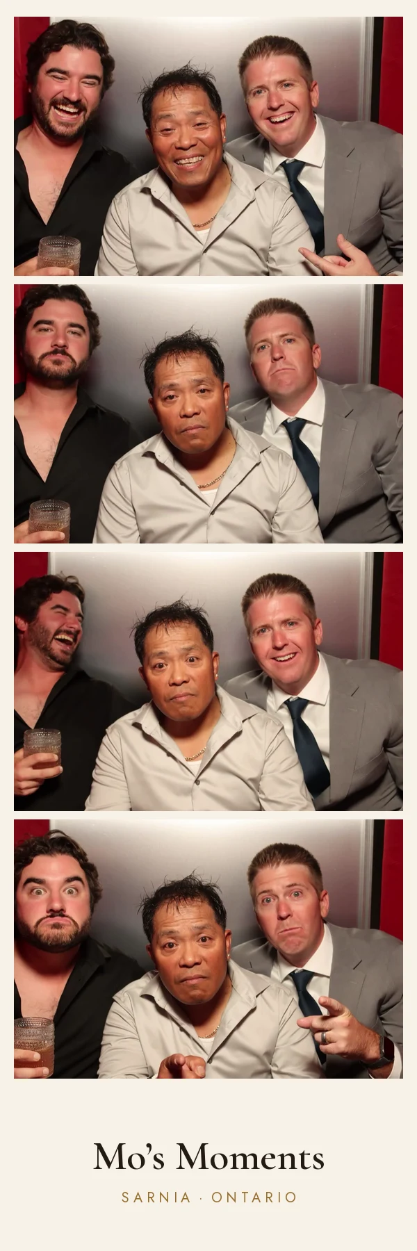 Three guests posing for four photos in the booth