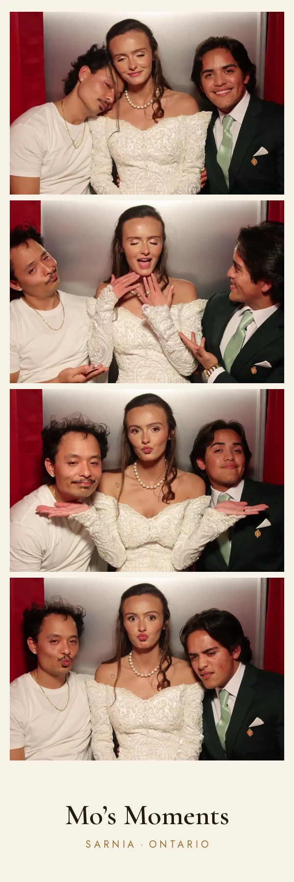 The bride, the groom and a friend posing for four photos in the booth